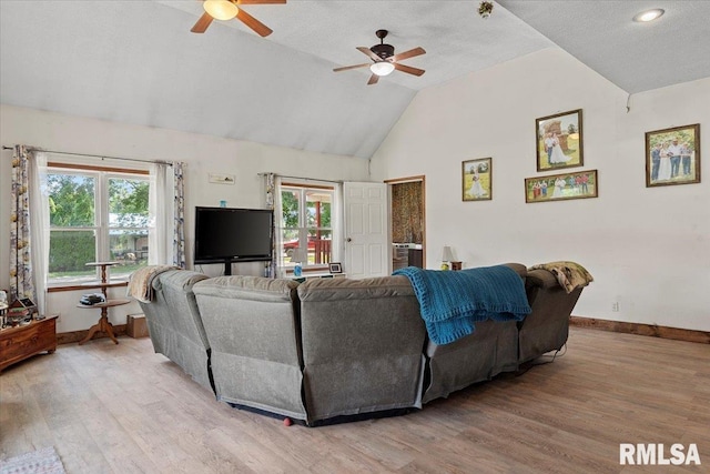 14455 E Dutch Henry Rd, Lewistown, IL 61542 - living area featuring ceiling fan, light wood finished floors, baseboards, plenty of natural light, and vaulted ceiling