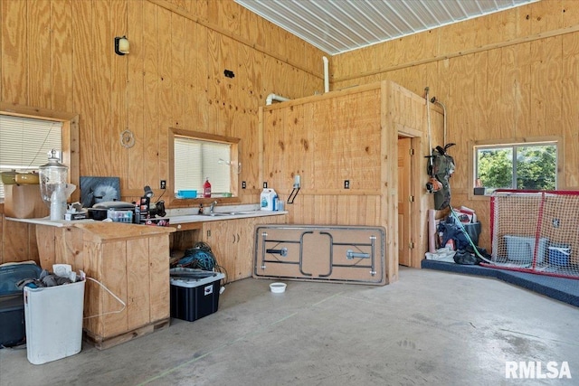 14455 E Dutch Henry Rd, Lewistown, IL 61542 - misc room featuring unfinished concrete flooring, wood walls, a sink, and a workshop area