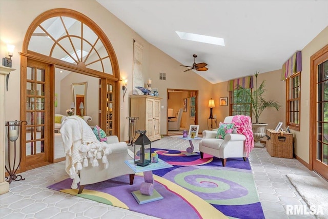 9 Windfall Ln, Cantrall, IL 62625 - living room with a skylight, french doors, and high vaulted ceiling