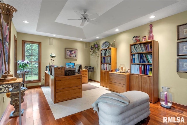 9 Windfall Ln, Cantrall, IL 62625 - office featuring a raised ceiling, light wood-style flooring, ceiling fan, and recessed lighting