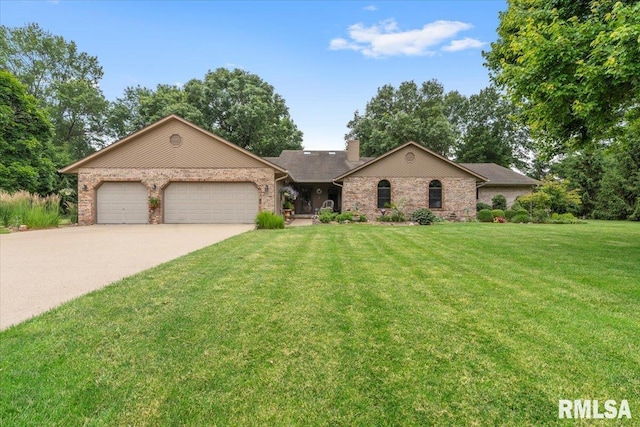 9 Windfall Ln, Cantrall, IL 62625 - ranch-style home with a garage, driveway, brick siding, and a chimney