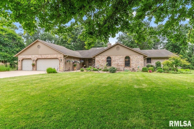 9 Windfall Ln, Cantrall, IL 62625 - ranch-style home featuring a chimney, an attached garage, a front yard, driveway, and brick siding