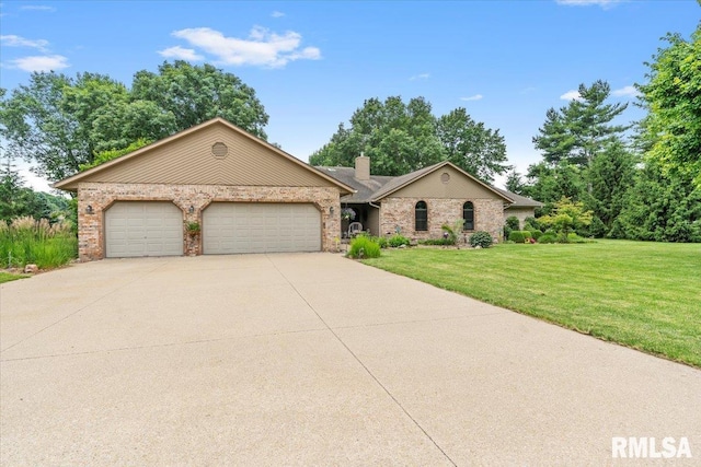 9 Windfall Ln, Cantrall, IL 62625 - single story home with concrete driveway, a garage, a chimney, a front yard, and brick siding