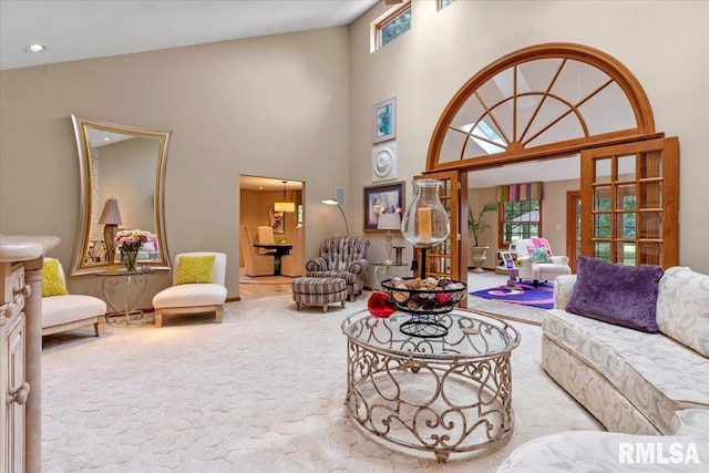 9 Windfall Ln, Cantrall, IL 62625 - living room featuring high vaulted ceiling, carpet, and recessed lighting