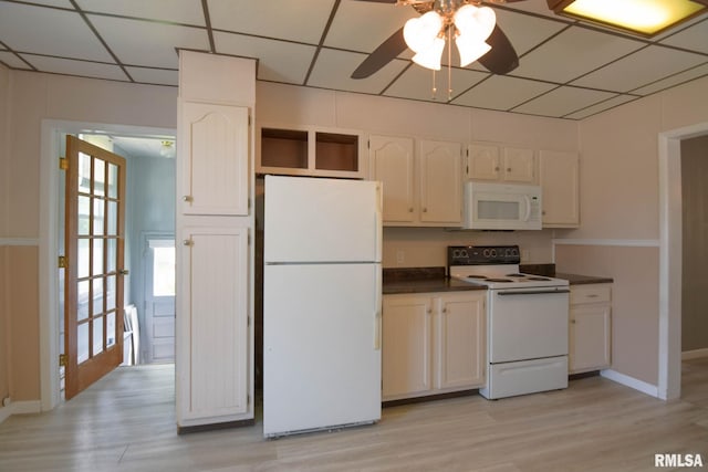 931 W Vandeveer St, Taylorville, IL 62568 - kitchen featuring white appliances, dark countertops, a ceiling fan, light wood finished floors, and a drop ceiling