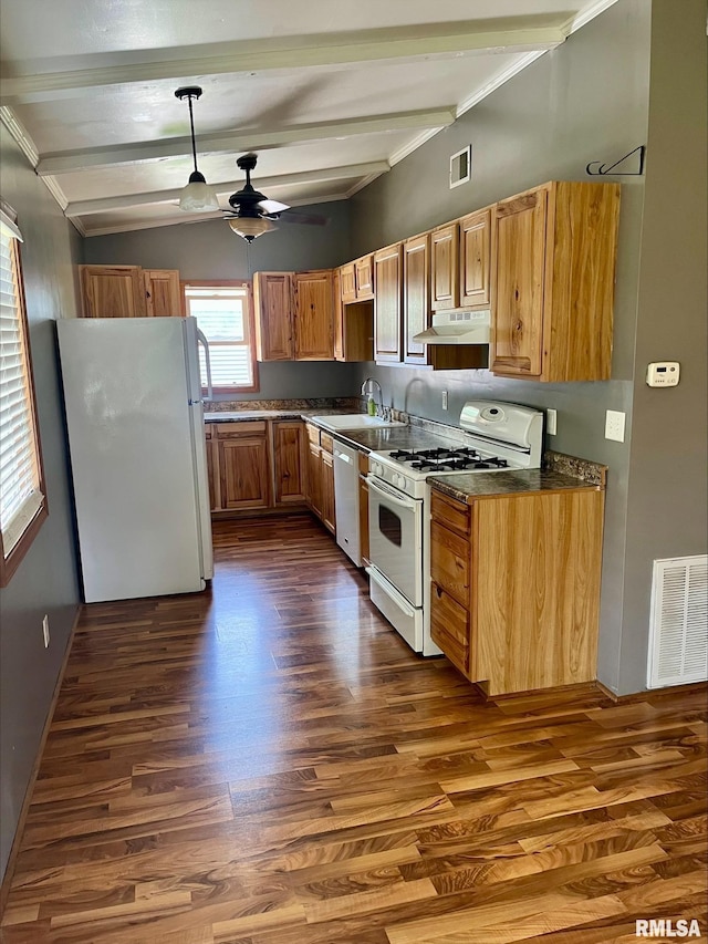 1164 Arcadia Dr, Galesburg, IL 61401 - kitchen featuring white appliances, under cabinet range hood, beamed ceiling, dark wood-type flooring, and ceiling fan