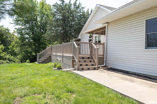 6718 Shadow Ln, Quincy, IL 62305 - view of grassy yard featuring stairs and a wooden deck