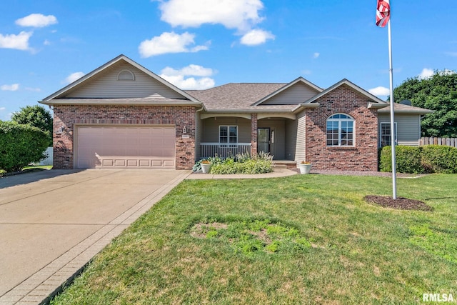 230 Possum Pass Ct, Sherman, IL 62684 - ranch-style home featuring brick siding, covered porch, a garage, concrete driveway, and a front yard