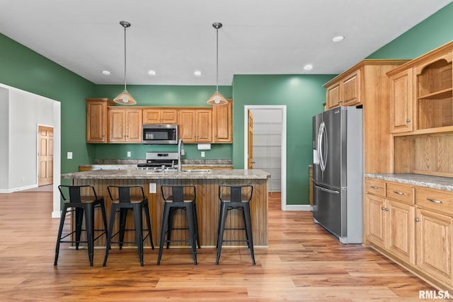 230 Possum Pass Ct, Sherman, IL 62684 - kitchen featuring stainless steel appliances, light wood-style flooring, open shelves, a kitchen breakfast bar, and recessed lighting