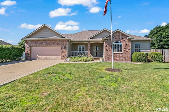 230 Possum Pass Ct, Sherman, IL 62684 - ranch-style house with brick siding, a garage, concrete driveway, and a porch