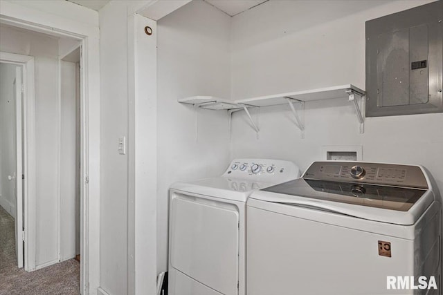 402 Linkins Ave, Tovey, IL 62570 - washroom with electric panel, washing machine and clothes dryer, and carpet floors