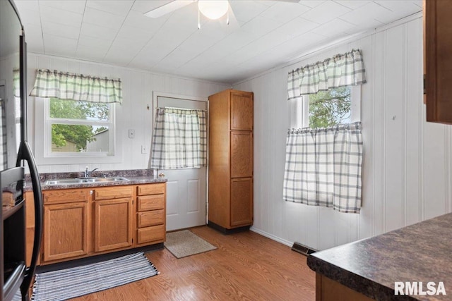 402 Linkins Ave, Tovey, IL 62570 - kitchen with dark countertops, ornamental molding, plenty of natural light, light wood-style flooring, and brown cabinets