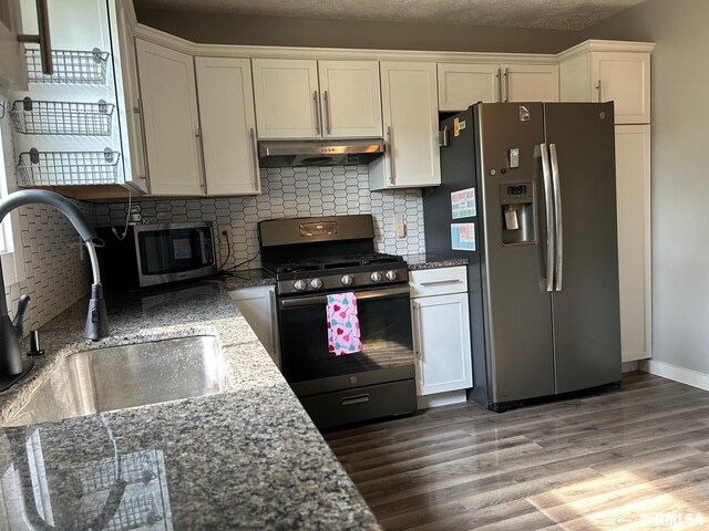726 W N St, Auburn, IL 62629 - kitchen with appliances with stainless steel finishes, under cabinet range hood, dark wood-style flooring, white cabinetry, and tasteful backsplash