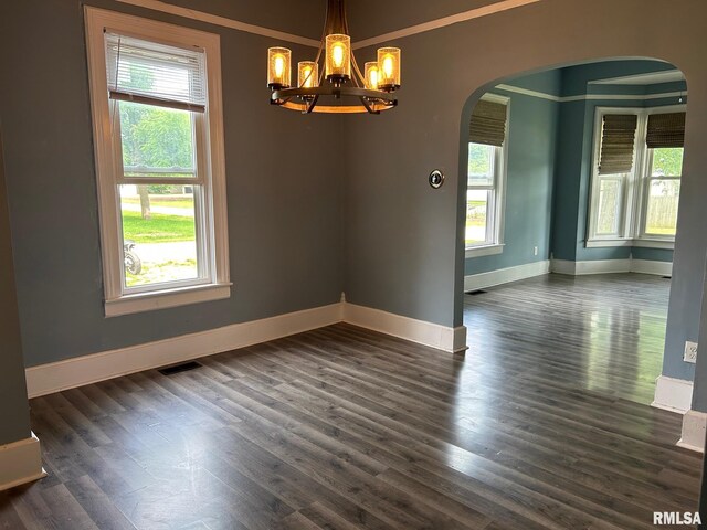 726 W N St, Auburn, IL 62629 - spare room featuring a chandelier, wood finished floors, plenty of natural light, and arched walkways