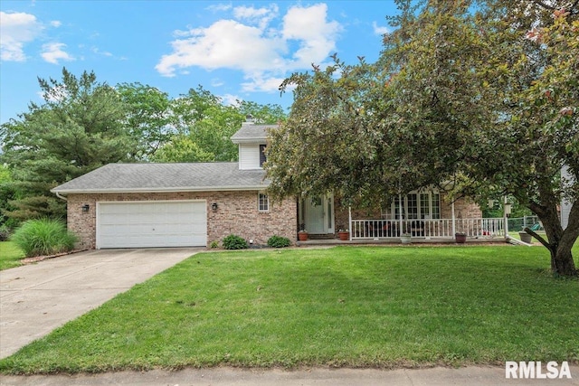 5309 Collins Way, Springfield, IL 62703 - obstructed view of property with brick siding, an attached garage, driveway, a front yard, and a porch
