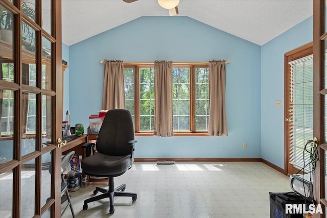 5309 Collins Way, Springfield, IL 62703 - home office featuring ceiling fan, lofted ceiling, and carpet flooring