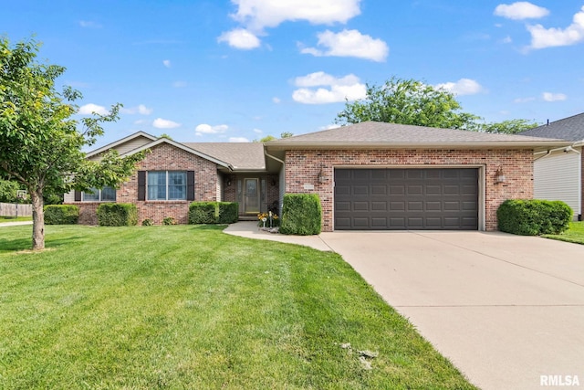 5313 Jaeger Dr, Springfield, IL 62711 - ranch-style house featuring an attached garage, brick siding, driveway, a front lawn, and a shingled roof