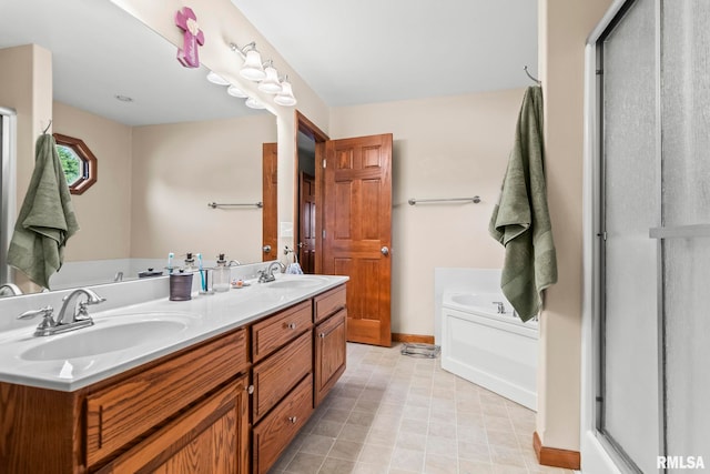 5313 Jaeger Dr, Springfield, IL 62711 - bathroom featuring a bath, double vanity, and an enclosed shower