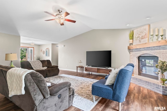 5313 Jaeger Dr, Springfield, IL 62711 - living room featuring ceiling fan, wood finished floors, lofted ceiling, and a brick fireplace