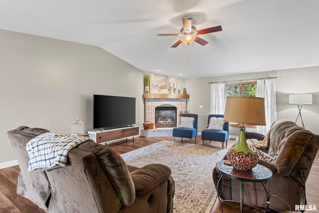5313 Jaeger Dr, Springfield, IL 62711 - living area with a ceiling fan, lofted ceiling, wood finished floors, and a brick fireplace