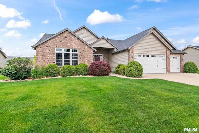 2308 Halifax Ave, Chatham, IL 62629 - single story home featuring a garage, brick siding, concrete driveway, and a front lawn