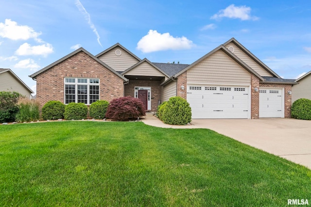 2308 Halifax Ave, Chatham, IL 62629 - view of front facade with an attached garage, driveway, a front lawn, and brick siding