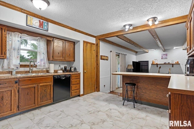 838 Hackberry Rd, Chatham, IL 62629 - kitchen featuring black dishwasher, brown cabinets, a textured ceiling, light countertops, and light marble finish floors