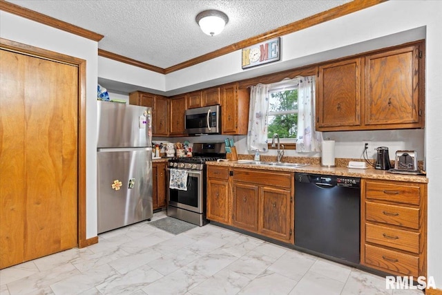 838 Hackberry Rd, Chatham, IL 62629 - kitchen featuring stainless steel appliances, light marble finish floors, a textured ceiling, ornamental molding, and brown cabinetry
