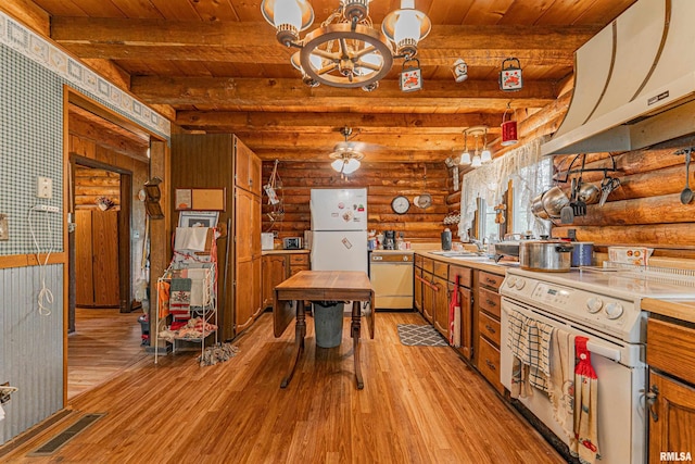 5190 Park Rd, Clinton, IL 61727 - kitchen with white appliances, exhaust hood, a wooden ceiling with exposed beams, log walls, and light wood-style flooring