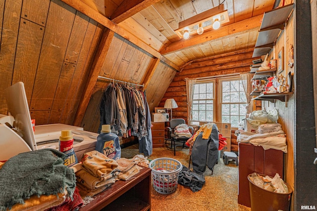 5190 Park Rd, Clinton, IL 61727 - interior space with lofted ceiling, wood ceiling, and rustic walls