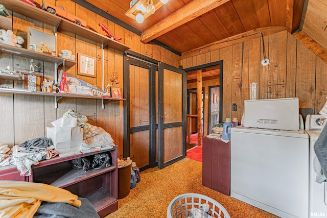 5190 Park Rd, Clinton, IL 61727 - washroom with wooden walls, washing machine and clothes dryer, carpet, and wood ceiling