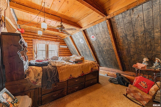 5190 Park Rd, Clinton, IL 61727 - carpeted bedroom featuring wooden ceiling and log walls