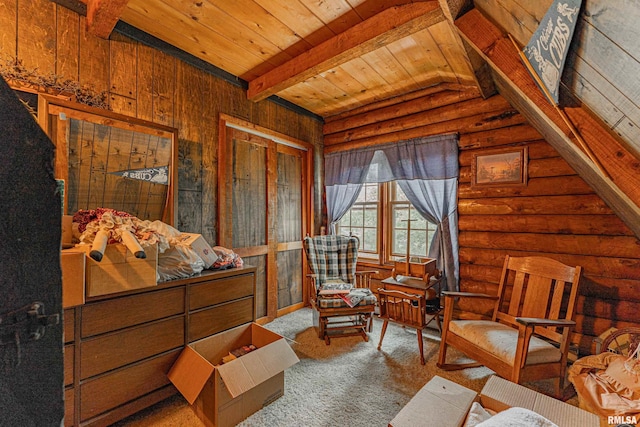 5190 Park Rd, Clinton, IL 61727 - sitting room featuring a wooden ceiling with exposed beams, rustic walls, and carpet flooring