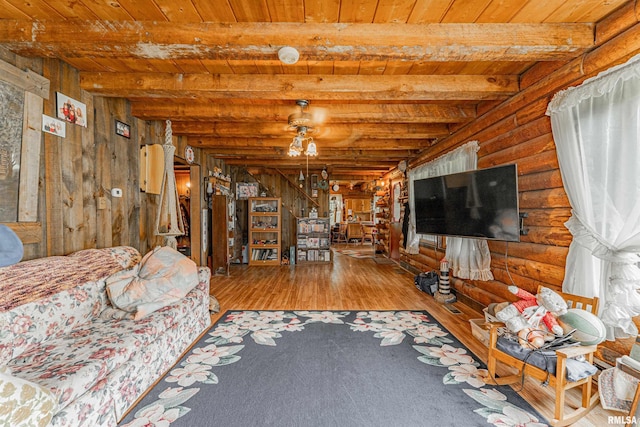 5190 Park Rd, Clinton, IL 61727 - living room featuring a wood ceiling with exposed beams, rustic walls, wood-type flooring, and wood walls