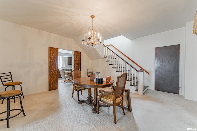 9320 Dawson Ln, Riverton, IL 62561 - dining space with stairway, a chandelier, light colored carpet, and lofted ceiling