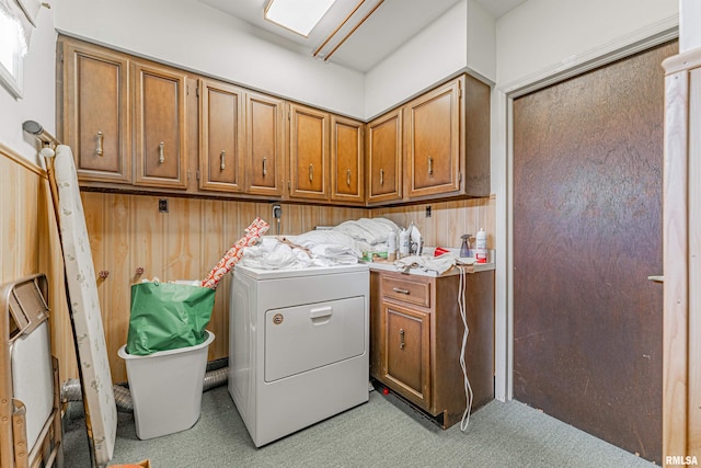 9320 Dawson Ln, Riverton, IL 62561 - washroom featuring washer / dryer, cabinet space, light carpet, and wood walls
