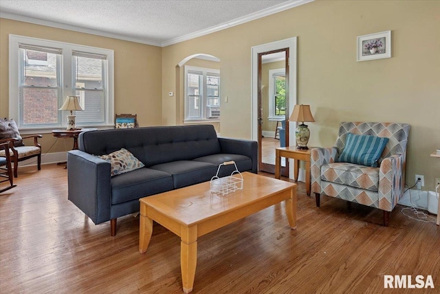 2141 S 4th St, Springfield, IL 62703 - living room featuring light wood-type flooring, ornamental molding, plenty of natural light, arched walkways, and a textured ceiling