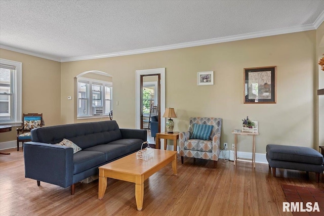 2141 S 4th St, Springfield, IL 62703 - living room featuring healthy amount of natural light, wood finished floors, ornamental molding, a textured ceiling, and arched walkways