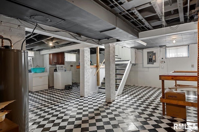 2141 S 4th St, Springfield, IL 62703 - basement with light flooring, electric panel, washing machine and dryer, stairs, and water heater