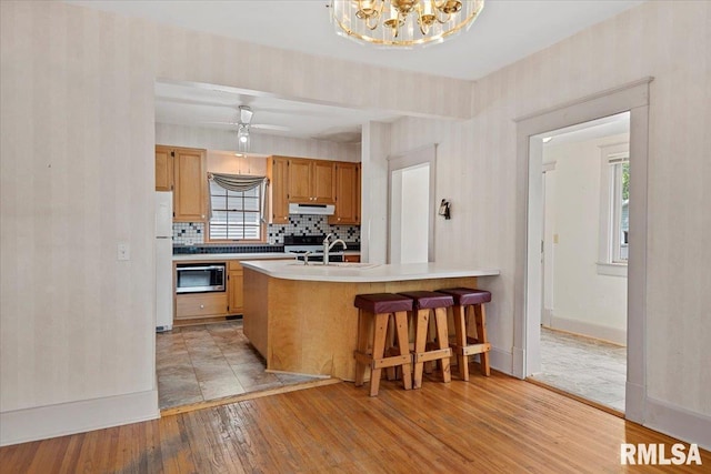 720 S Park Ave, Springfield, IL 62704 - kitchen featuring stainless steel microwave, under cabinet range hood, light wood-style floors, freestanding refrigerator, and light countertops