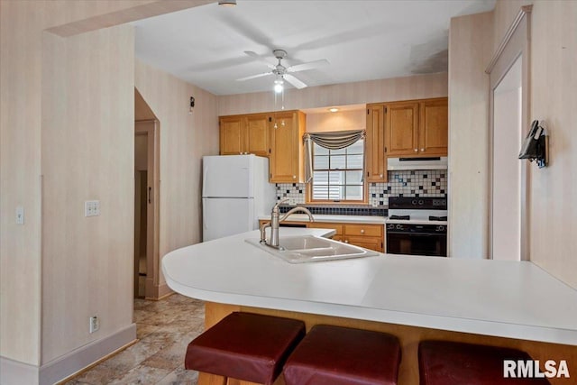 720 S Park Ave, Springfield, IL 62704 - kitchen featuring range with electric cooktop, freestanding refrigerator, under cabinet range hood, ceiling fan, and tasteful backsplash