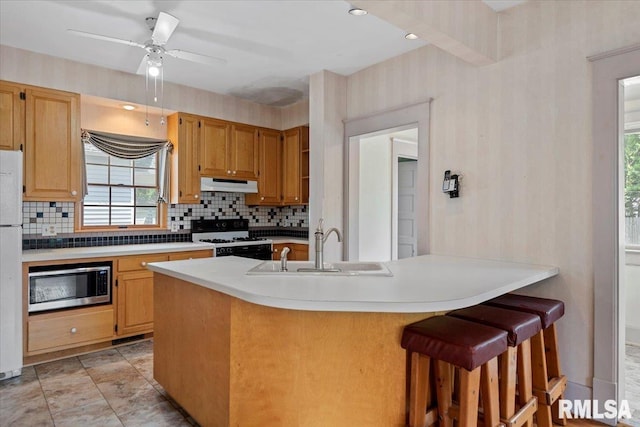 720 S Park Ave, Springfield, IL 62704 - kitchen with range with gas cooktop, under cabinet range hood, stainless steel microwave, and decorative backsplash