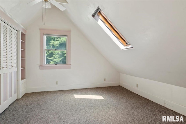 720 S Park Ave, Springfield, IL 62704 - bonus room featuring a skylight, carpet, lofted ceiling, and ceiling fan