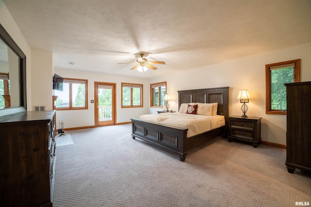 3939 Musholt Strasse Ln, Quincy, IL 62305 - bedroom with access to exterior, light carpet, ceiling fan, and a textured ceiling