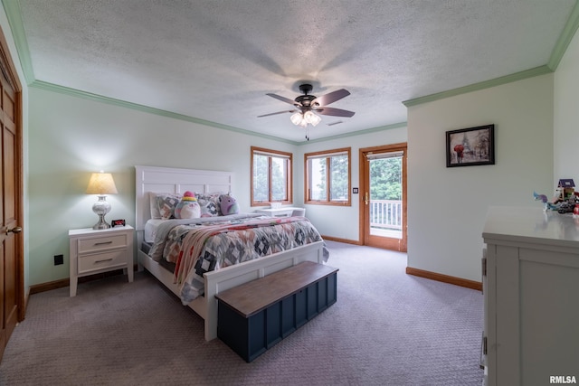 3939 Musholt Strasse Ln, Quincy, IL 62305 - carpeted bedroom featuring access to exterior, crown molding, a textured ceiling, and ceiling fan