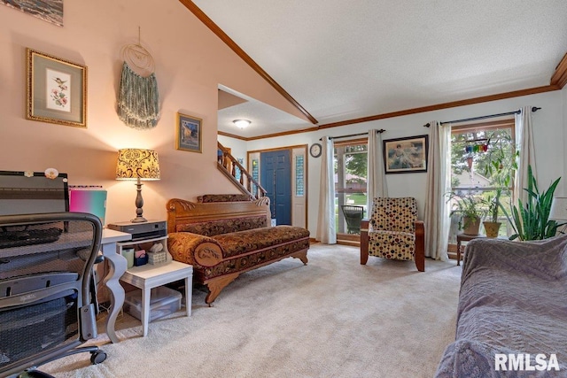 3713 Tyler Ct, Springfield, IL 62711 - carpeted living area with ornamental molding, vaulted ceiling, and stairway
