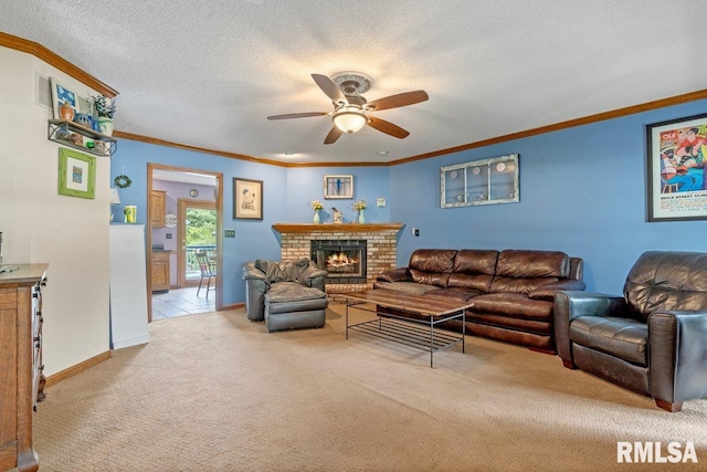 3713 Tyler Ct, Springfield, IL 62711 - carpeted living area featuring a ceiling fan, ornamental molding, a textured ceiling, and a brick fireplace