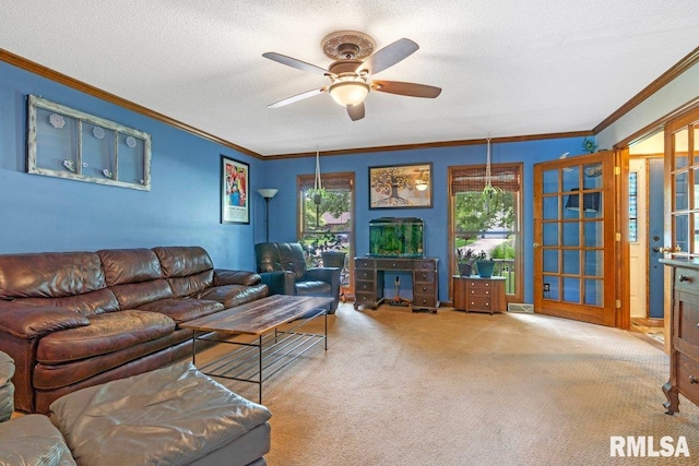 3713 Tyler Ct, Springfield, IL 62711 - carpeted living room with ceiling fan, crown molding, and a textured ceiling