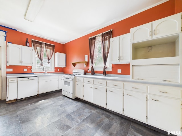 222 N Lewis St, Blue Mound, IL 62513 - kitchen featuring white appliances, plenty of natural light, white cabinets, and light countertops
