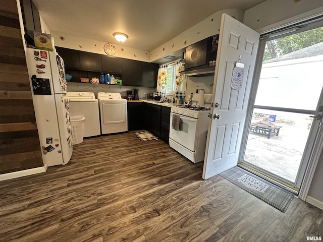 1025 S 15th St, Quincy, IL 62301 - kitchen with white gas range, separate washer and dryer, dark wood-type flooring, open shelves, and dark cabinets